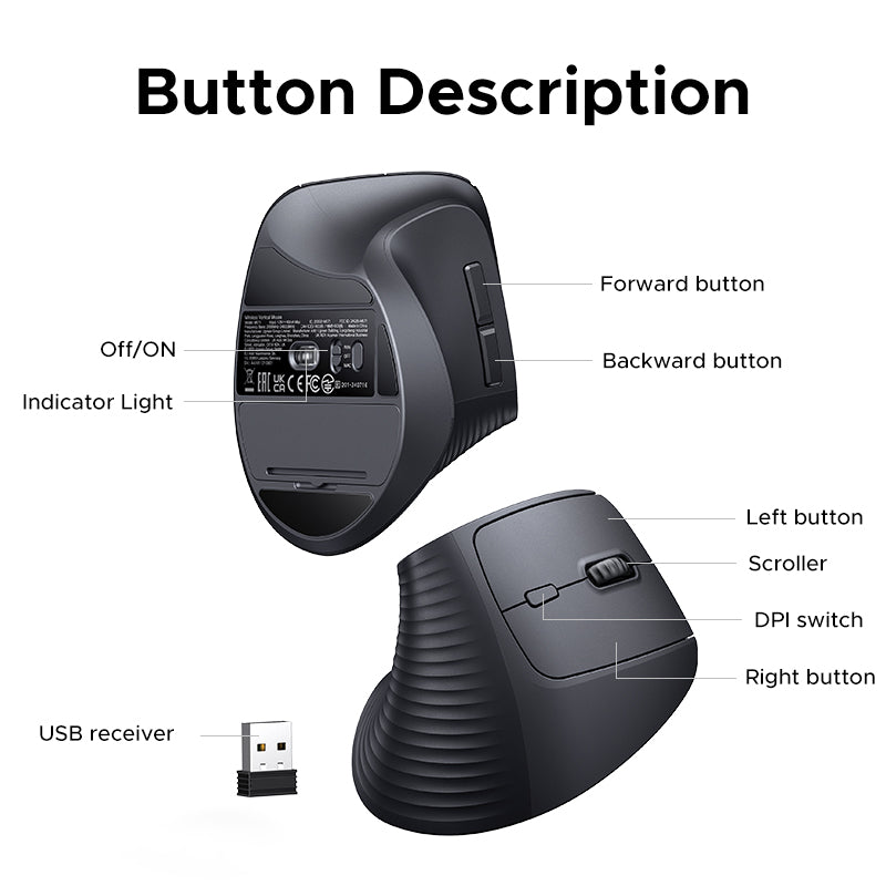 Souris verticale ergonomique sans fil et Bluetooth 2,4 GHz - Grise