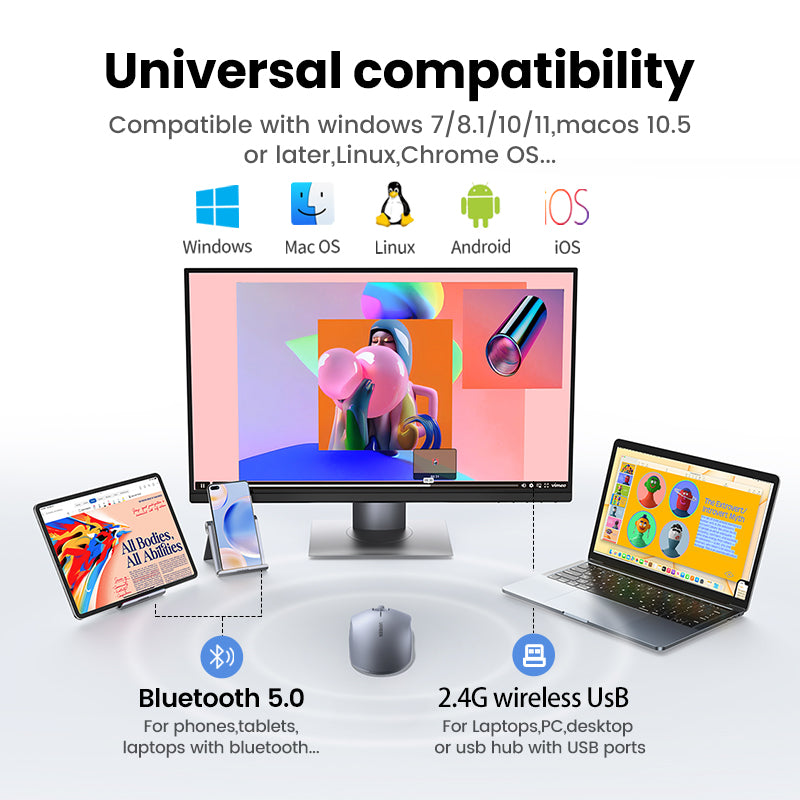 Souris compacte sans fil et Bluetooth 2,4 GHz - Grise