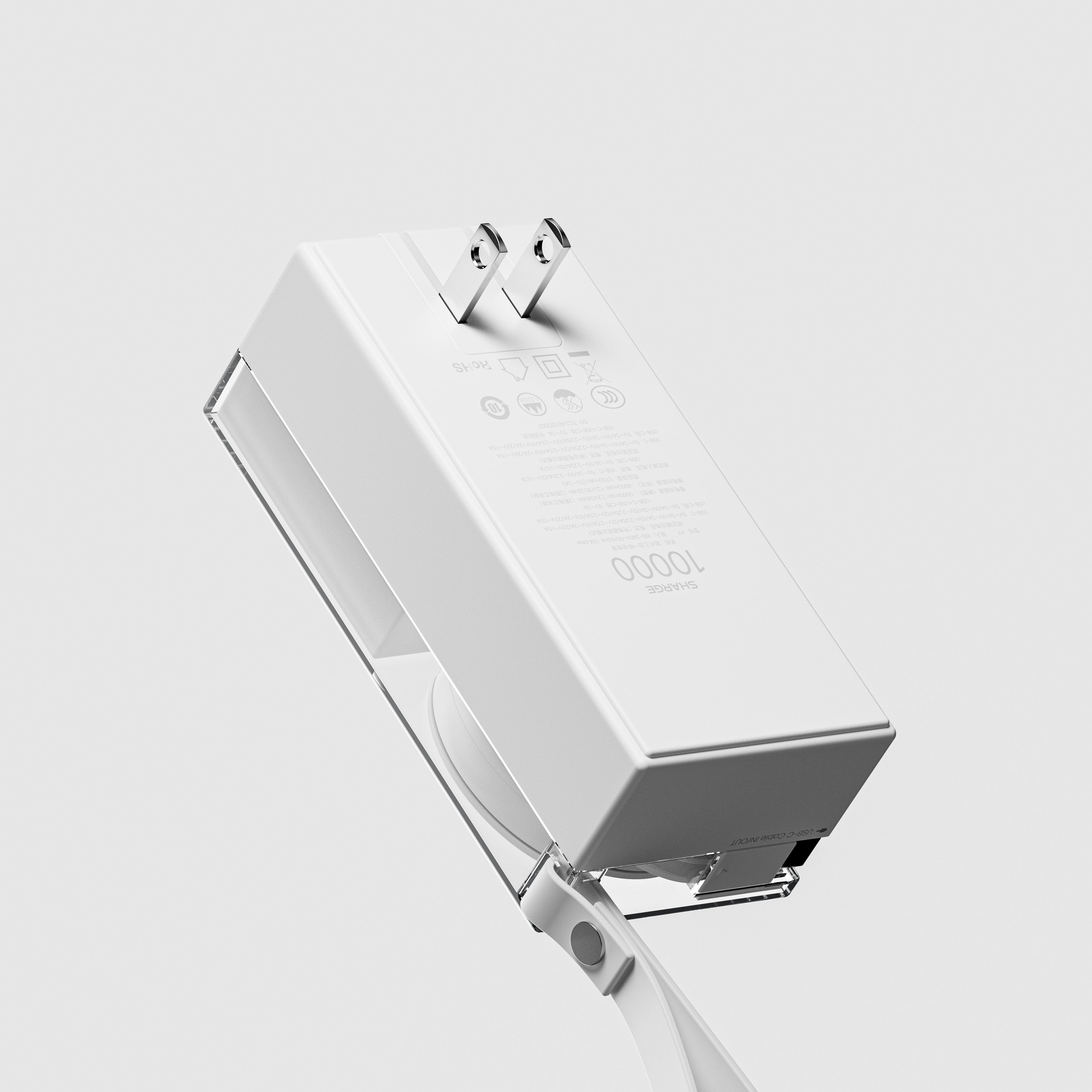 36W -10000 mAh Power Bank - Retractable 3 in 1 - White
