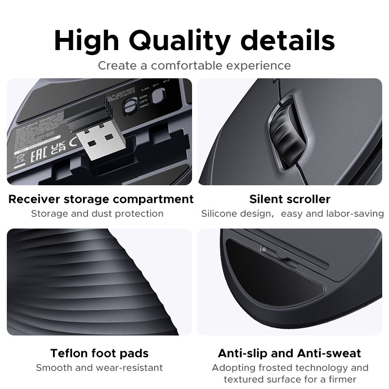 Souris verticale ergonomique sans fil et Bluetooth 2,4 GHz - Grise