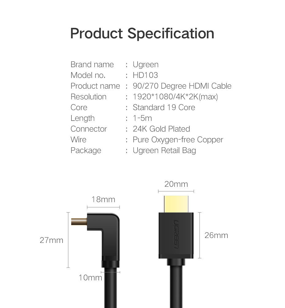 HDMI Male To Male Right Angle 90 Degree Cable 2M