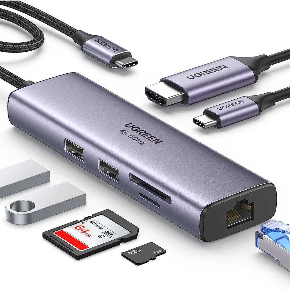 Hub USB-C - 2x USB 3.0, HDMI, RJ45. SD et TF, avec port PD