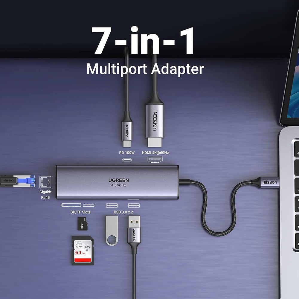 Hub USB-C - 2x USB 3.0, HDMI, RJ45. SD et TF, avec port PD