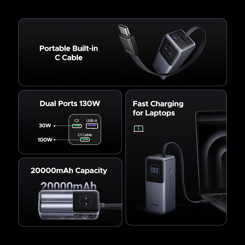 20000mAh 130W Power Bank with 100W Built-in Cable