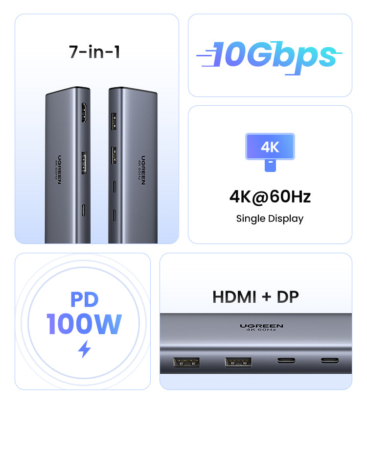 Station d'accueil USB C - 2 ports HDMI (4K à 60 Hz) / 2 ports USB-A 3.2+2 / 2 ports USB-C 3.2+PD (100 W)