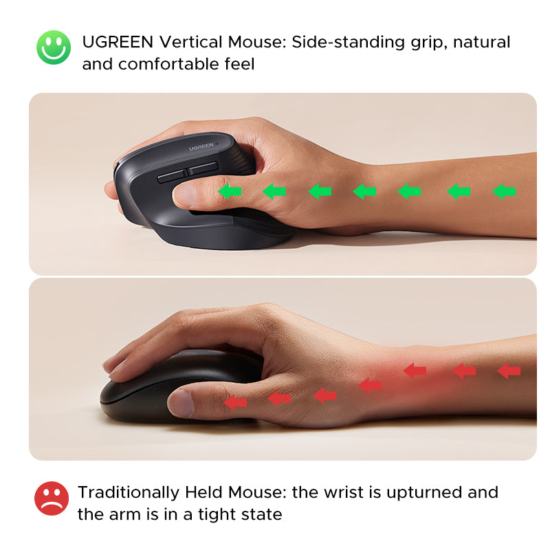 Souris verticale ergonomique sans fil et Bluetooth 2,4 GHz - Grise