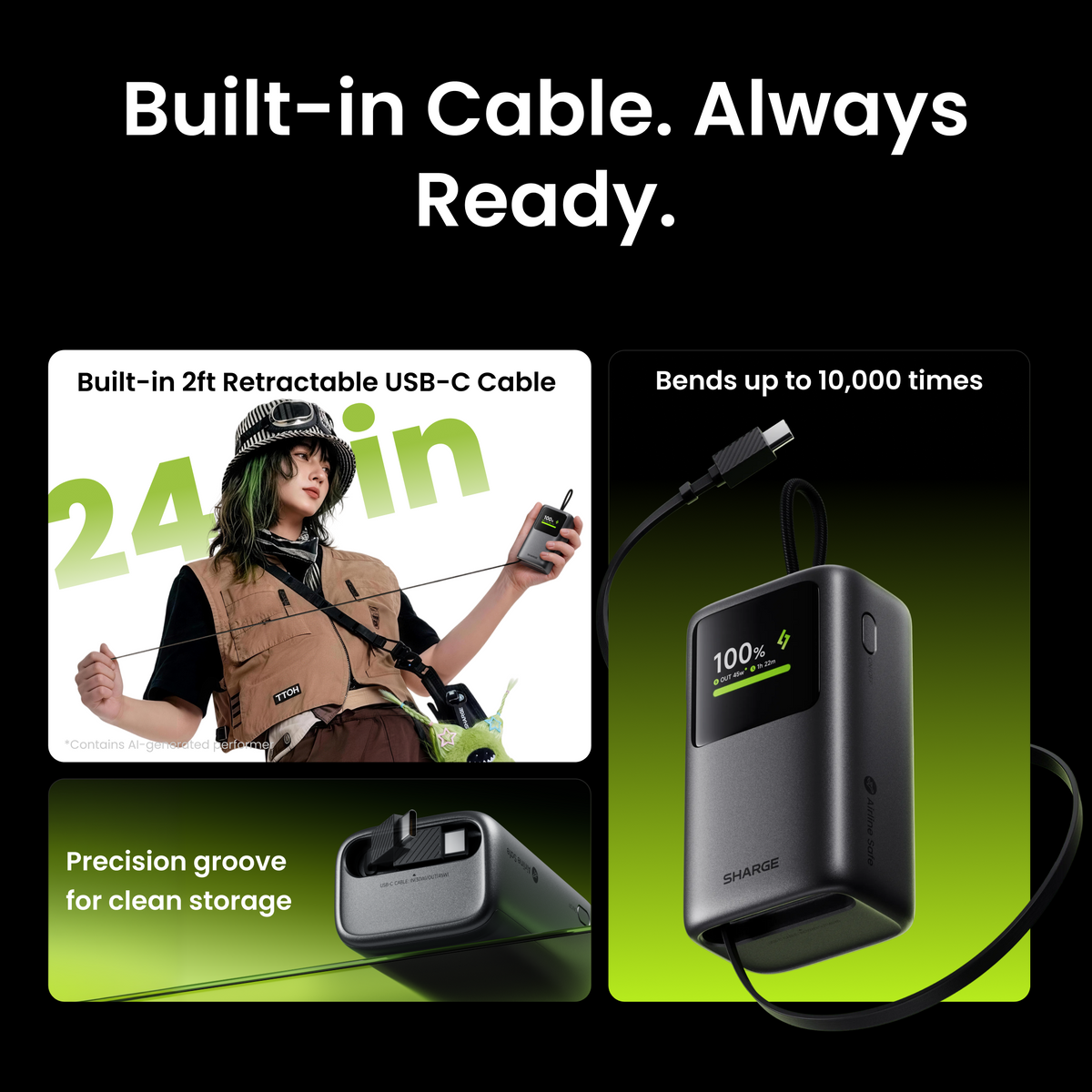 Batterie externe E3 rétractable 45W - 10000mAh - Grise